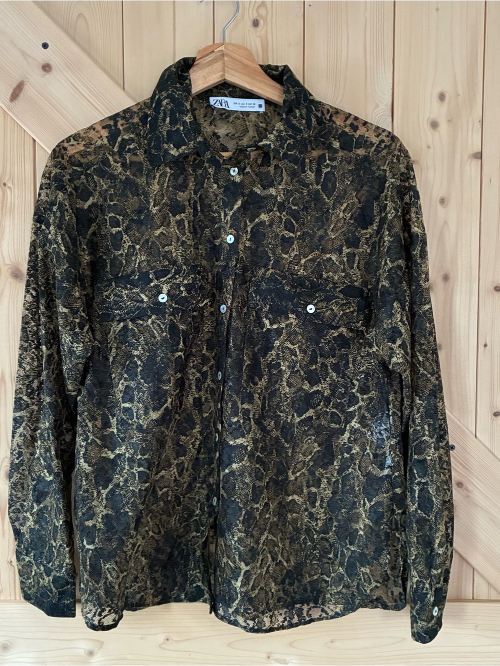 Zara Black and Gold Mesh Snake-Print Button Up Shirt